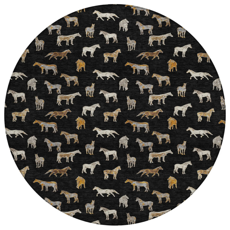 8' Black And Beige Round Horse Washable Indoor Outdoor Area Rug Homeroots Outdoor