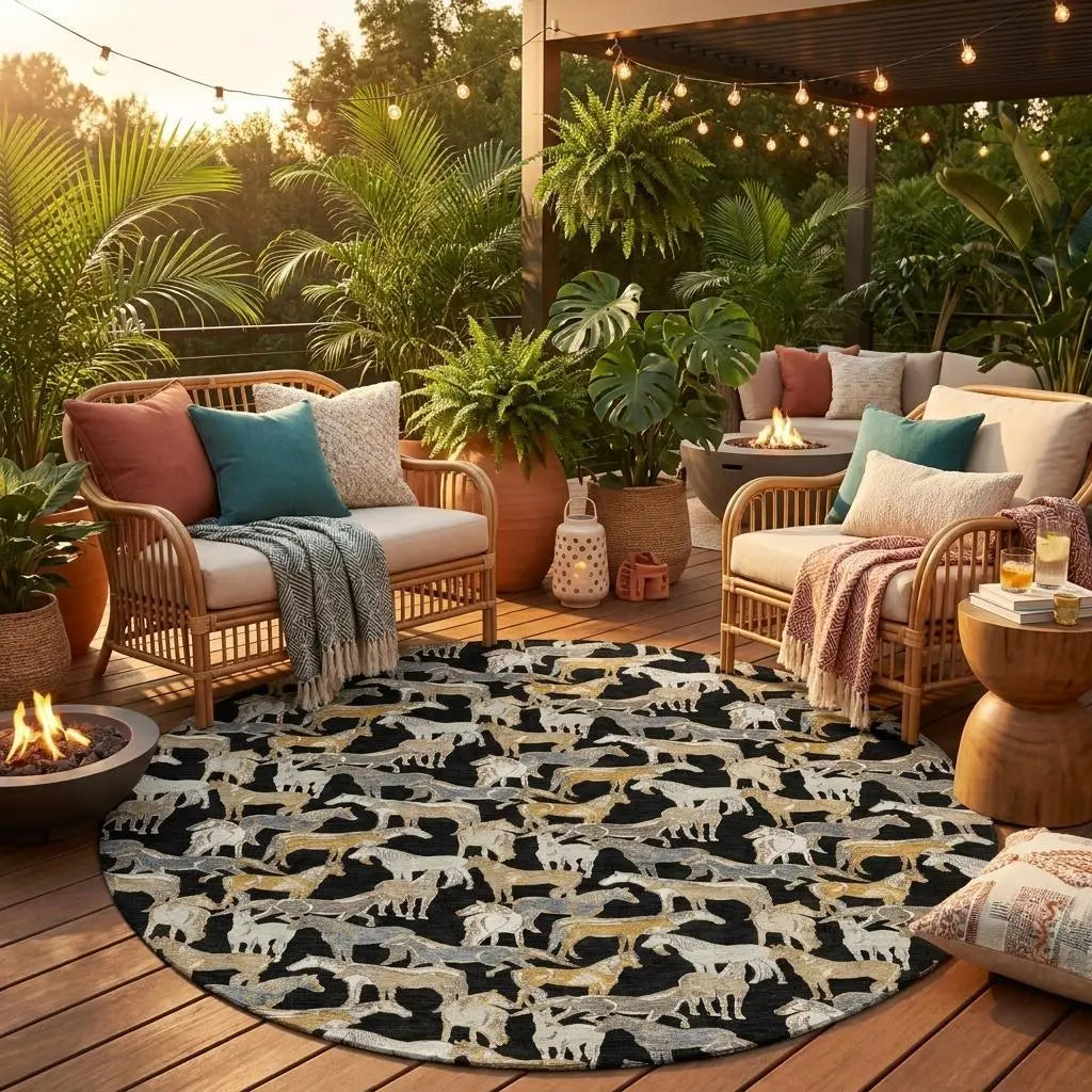 8' Black And Beige Round Horse Washable Indoor Outdoor Area Rug Homeroots Outdoor