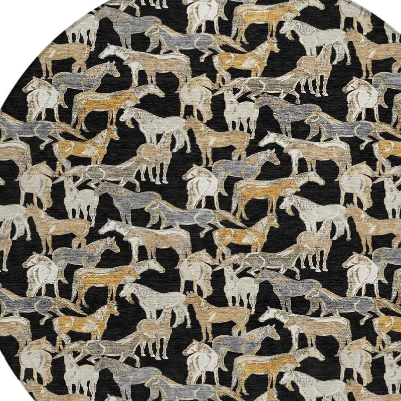 8' Black And Beige Round Horse Washable Indoor Outdoor Area Rug Homeroots Outdoor