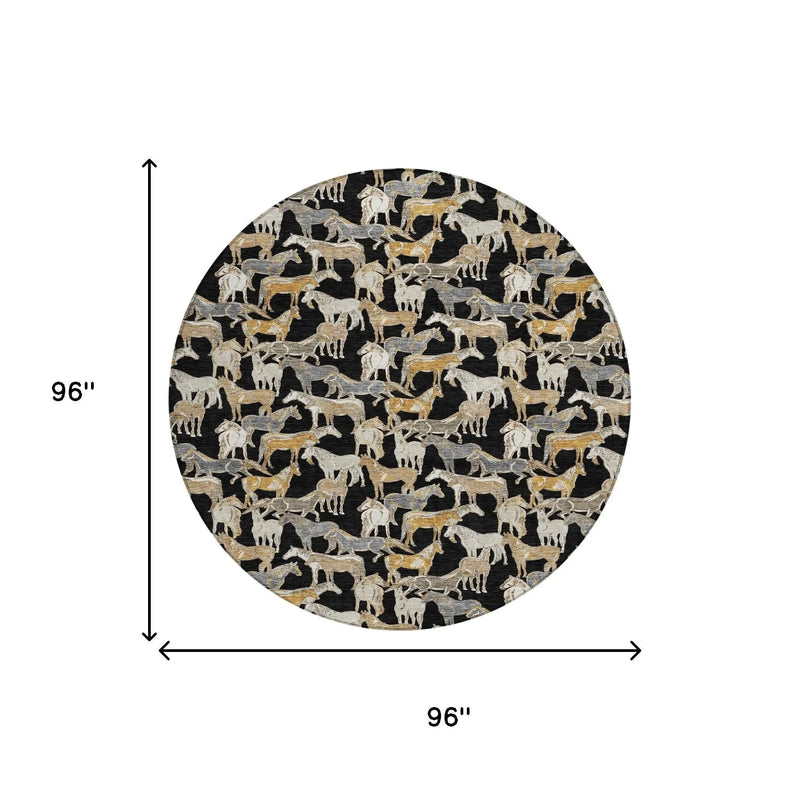 8' Black And Beige Round Horse Washable Indoor Outdoor Area Rug Homeroots Outdoor