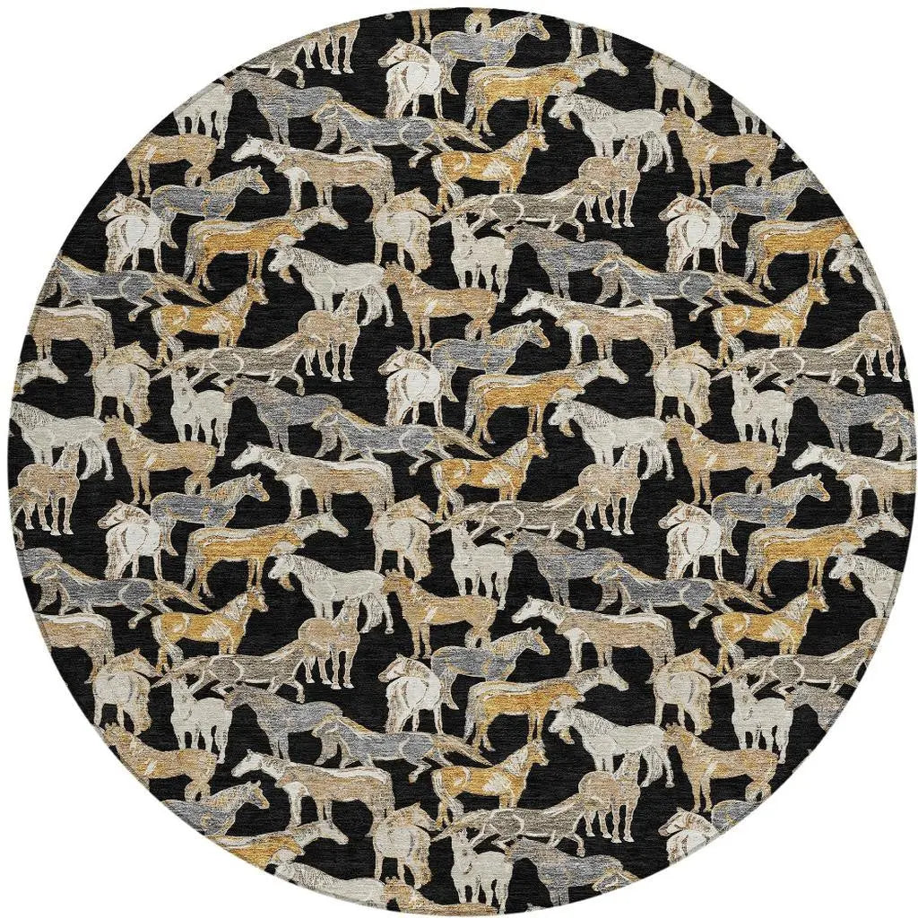 8' Black And Beige Round Horse Washable Indoor Outdoor Area Rug Homeroots Outdoor