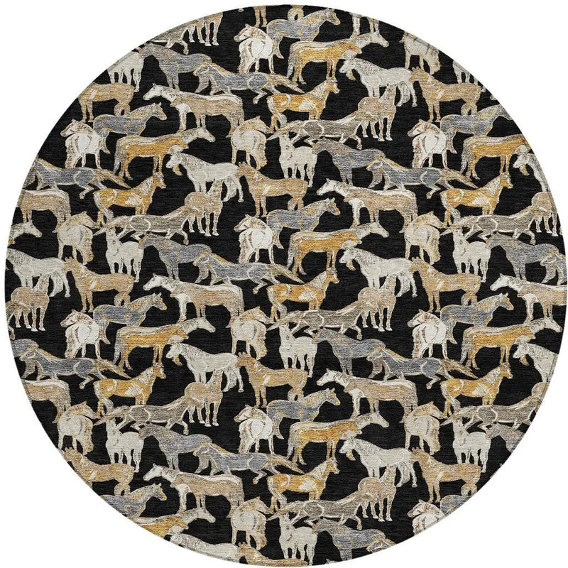 8' Black And Beige Round Horse Washable Indoor Outdoor Area Rug Homeroots Outdoor