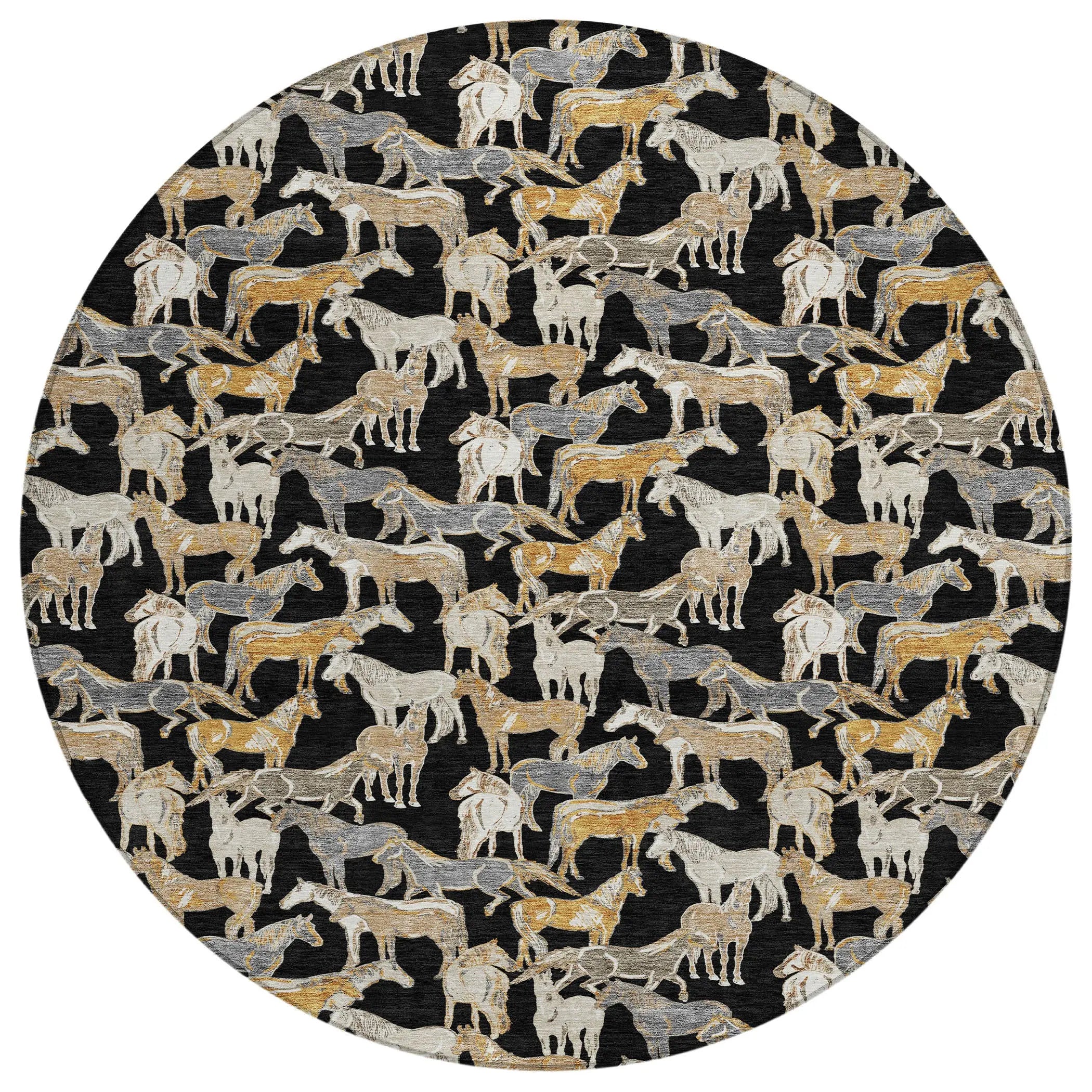 8' Black And Beige Round Horse Washable Indoor Outdoor Area Rug Homeroots Outdoor