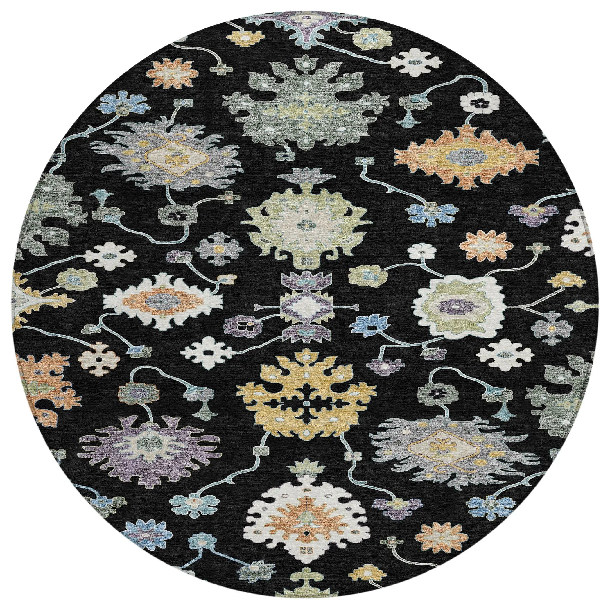 8' Black And Beige Round Oriental Washable Indoor Outdoor Area Rug Homeroots Outdoor