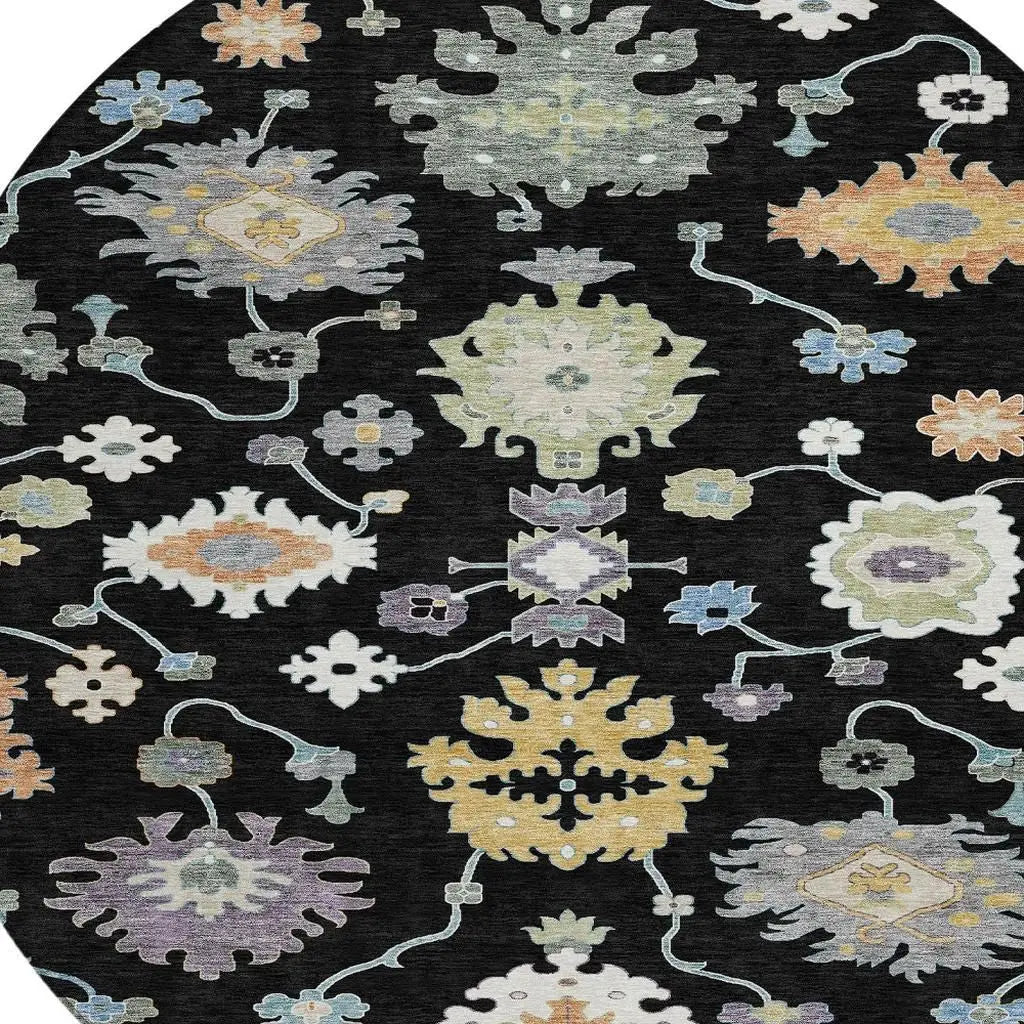 8' Black And Beige Round Oriental Washable Indoor Outdoor Area Rug Homeroots Outdoor