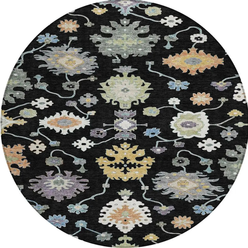 8' Black And Beige Round Oriental Washable Indoor Outdoor Area Rug Homeroots Outdoor