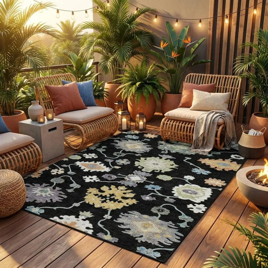 8' Black And Beige Round Oriental Washable Indoor Outdoor Area Rug Homeroots Outdoor