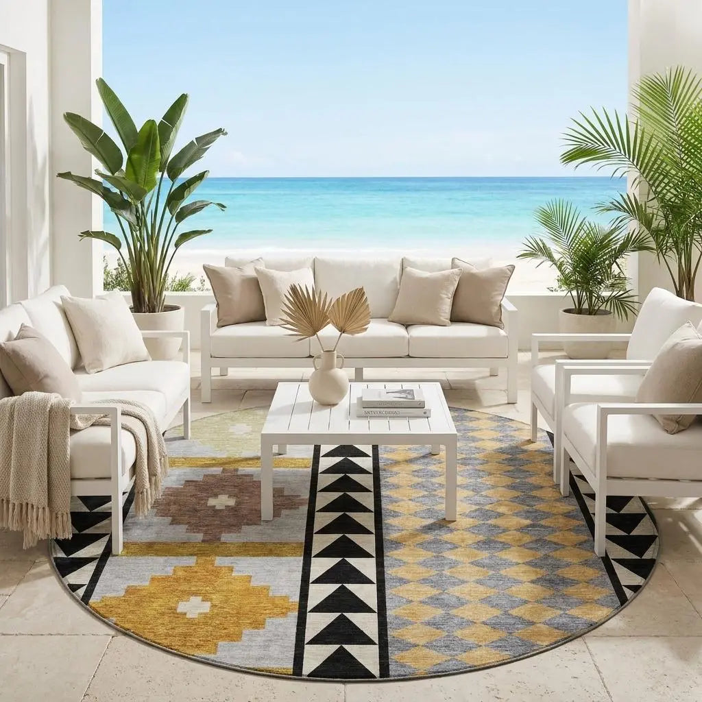 8' Black And Beige Round Southwestern Washable Indoor Outdoor Area Rug Homeroots Outdoor