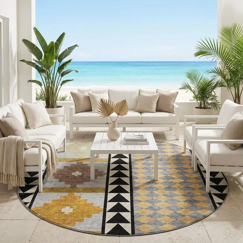 8' Black And Beige Round Southwestern Washable Indoor Outdoor Area Rug Homeroots Outdoor