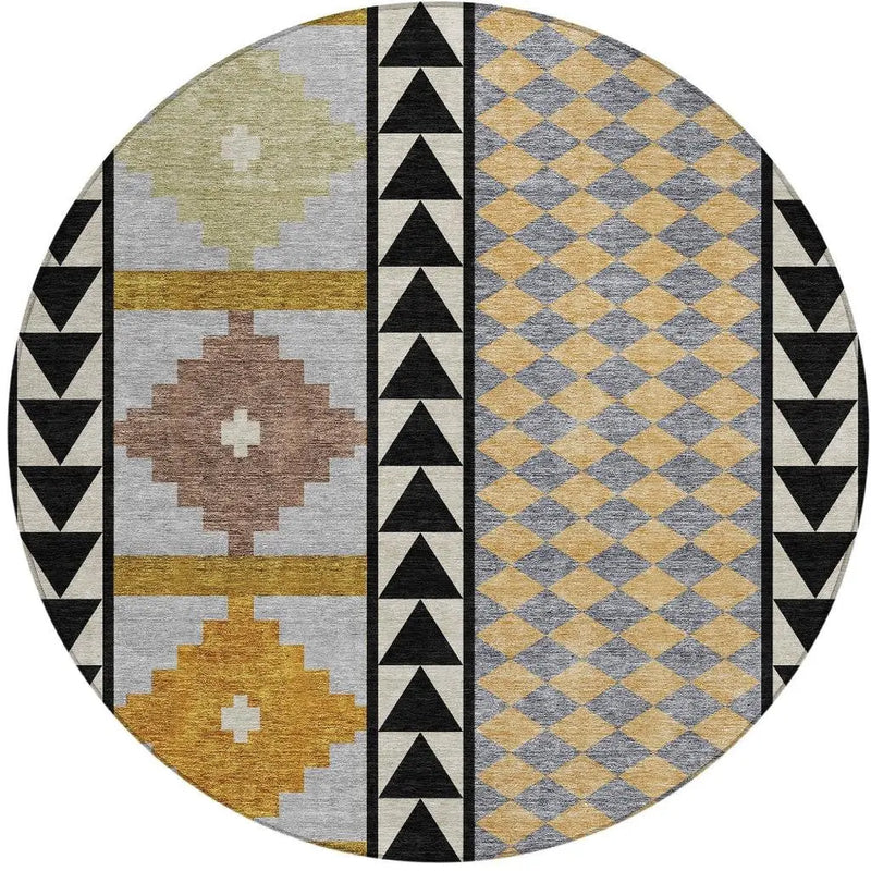 8' Black And Beige Round Southwestern Washable Indoor Outdoor Area Rug Homeroots Outdoor