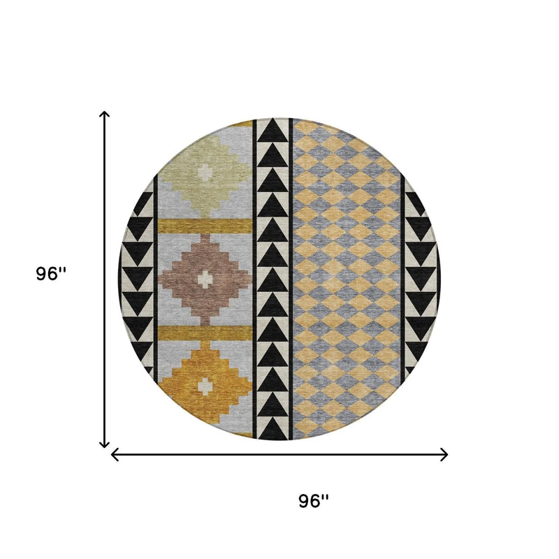 8' Black And Beige Round Southwestern Washable Indoor Outdoor Area Rug Homeroots Outdoor