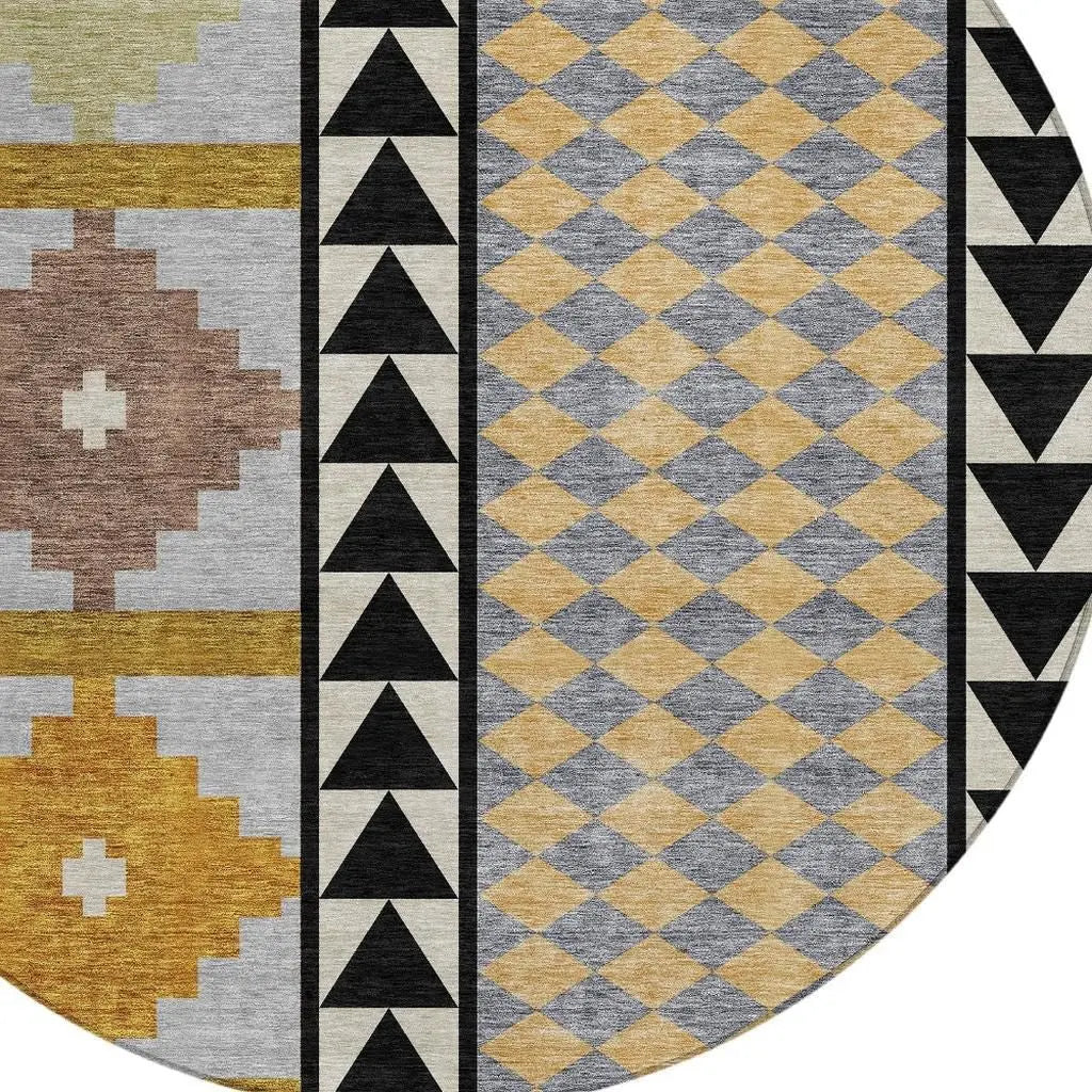 8' Black And Beige Round Southwestern Washable Indoor Outdoor Area Rug Homeroots Outdoor