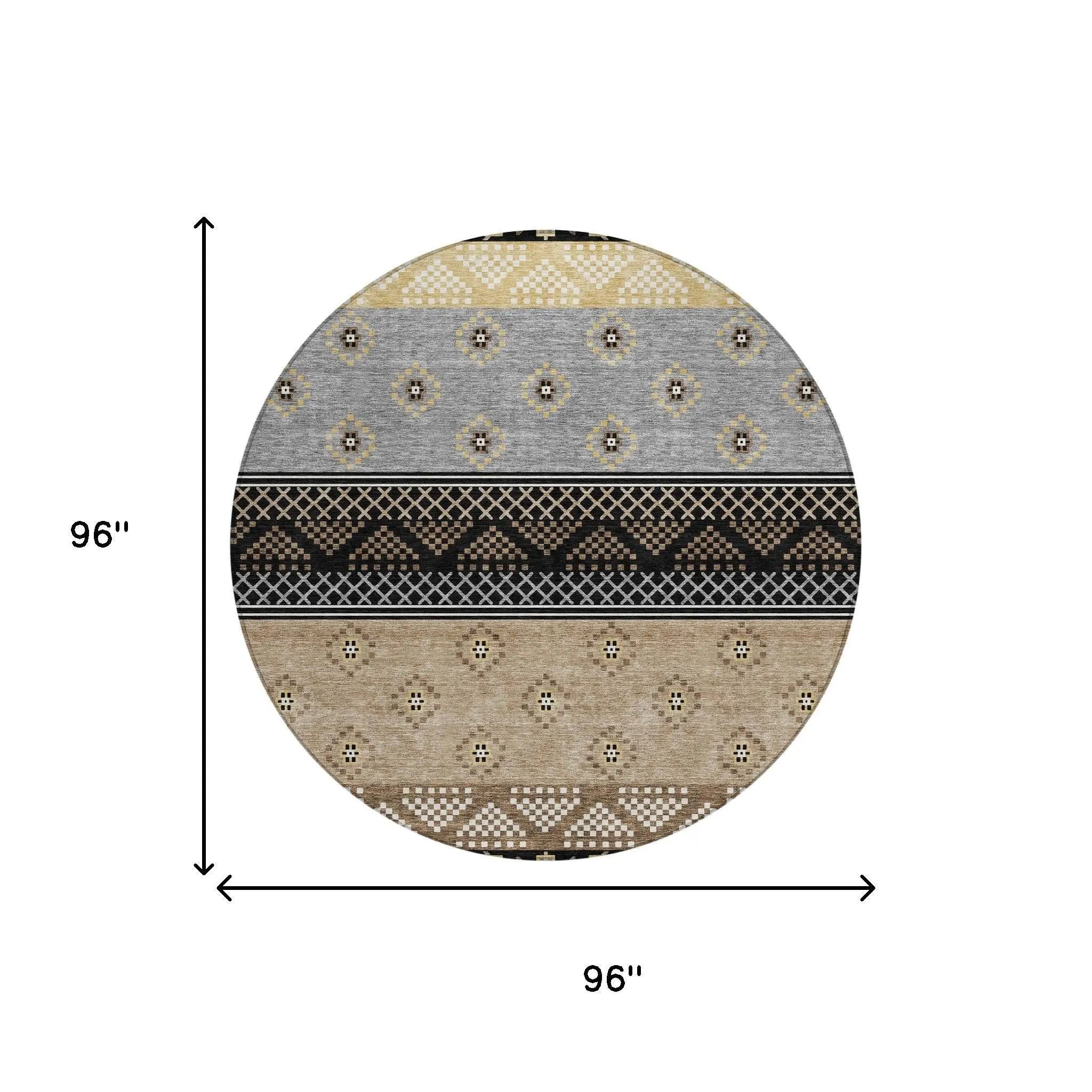 8' Black And Beige Round Striped Washable Indoor Outdoor Area Rug Homeroots Outdoor