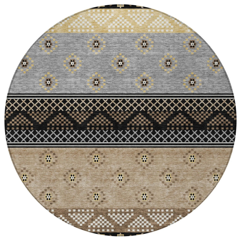 8' Black And Beige Round Striped Washable Indoor Outdoor Area Rug Homeroots Outdoor