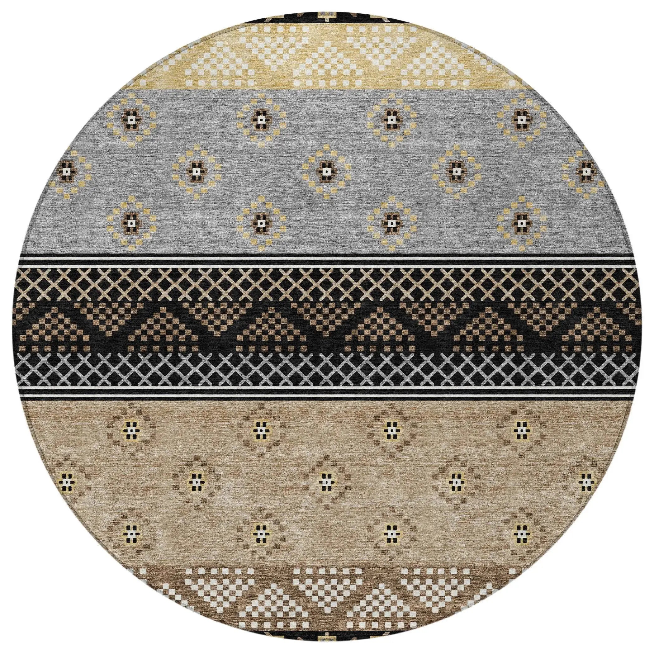 8' Black And Beige Round Striped Washable Indoor Outdoor Area Rug Homeroots Outdoor