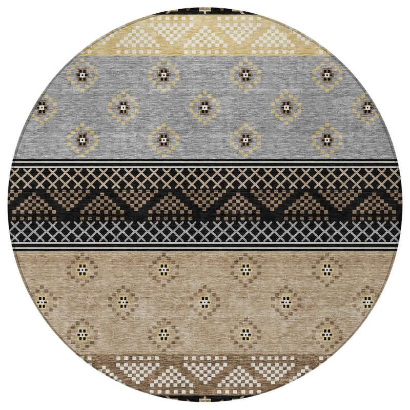 8' Black And Beige Round Striped Washable Indoor Outdoor Area Rug Homeroots Outdoor