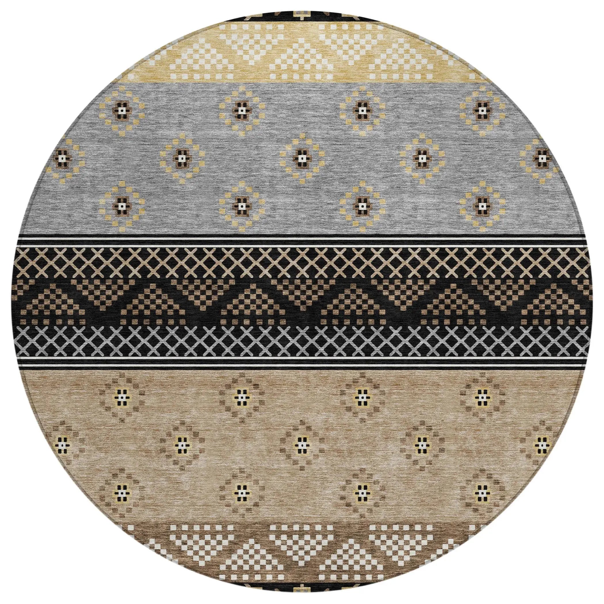 8' Black And Beige Round Striped Washable Indoor Outdoor Area Rug Homeroots Outdoor