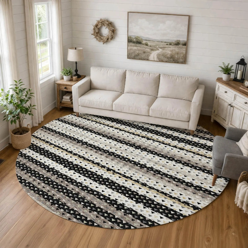 8' Black And Beige Round Striped Washable Indoor Outdoor Area Rug Homeroots Outdoor