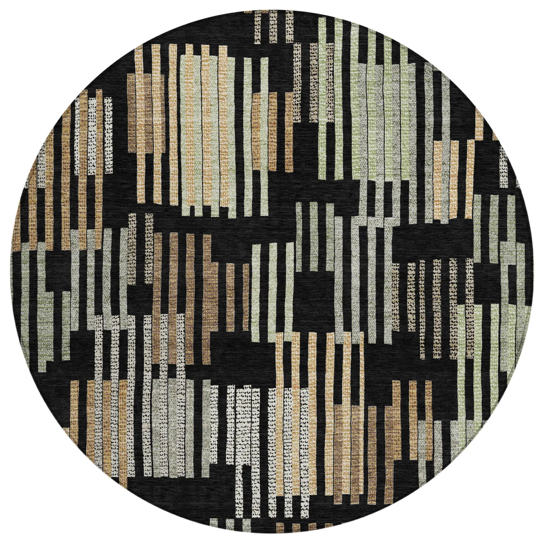 8' Black And Beige Round Striped Washable Indoor Outdoor Area Rug Homeroots Outdoor