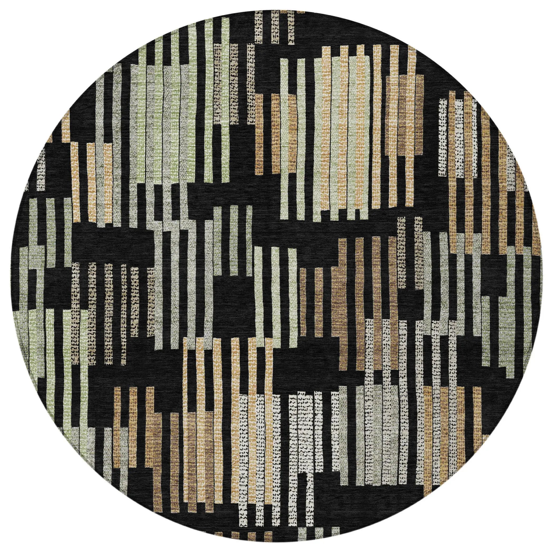 8' Black And Beige Round Striped Washable Indoor Outdoor Area Rug Homeroots Outdoor