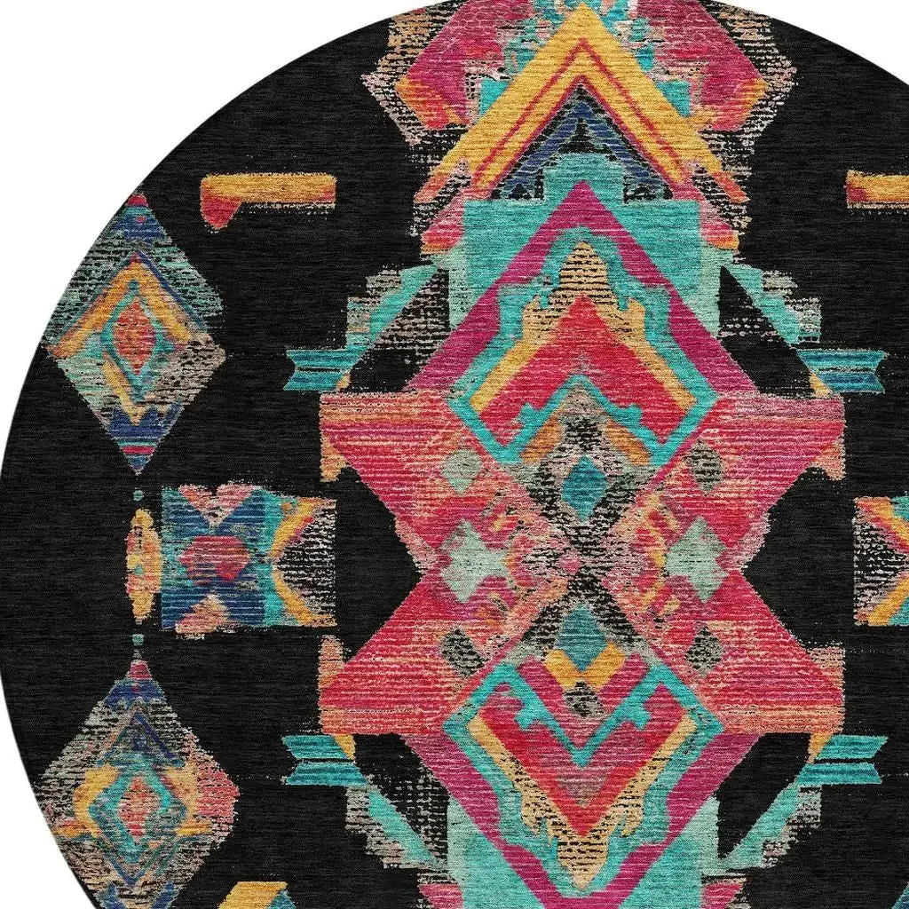 8' Black And Beige Round Tribal Washable Indoor Outdoor Area Rug Homeroots Outdoor