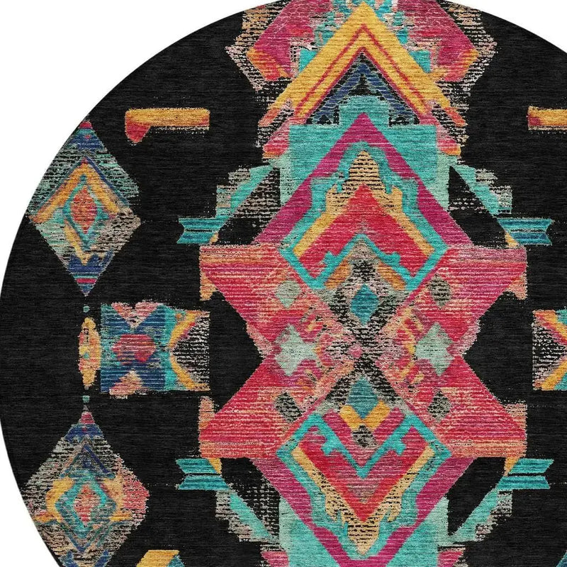 8' Black And Beige Round Tribal Washable Indoor Outdoor Area Rug Homeroots Outdoor