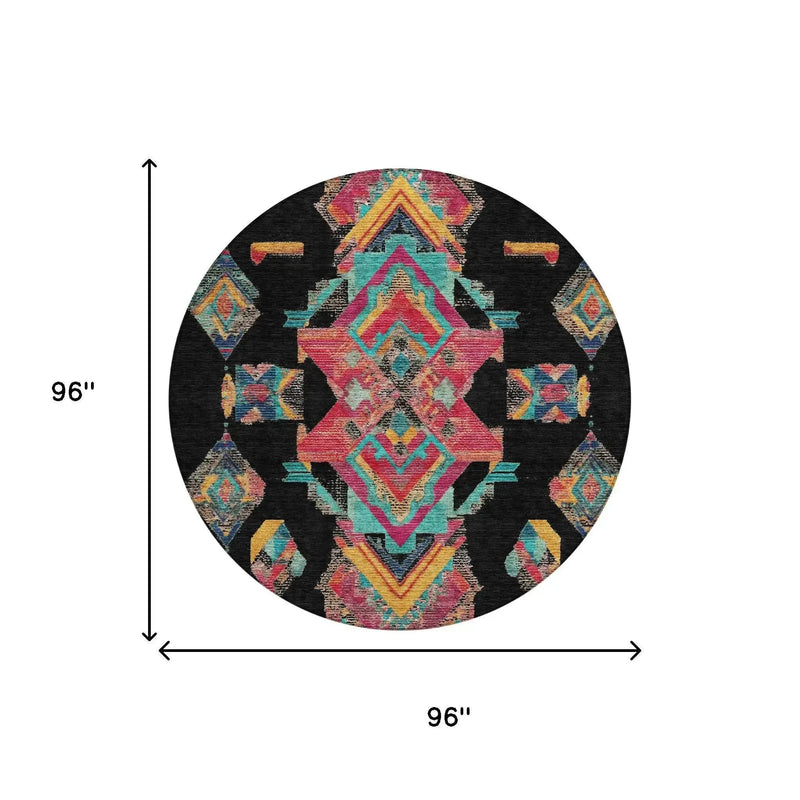 8' Black And Beige Round Tribal Washable Indoor Outdoor Area Rug Homeroots Outdoor