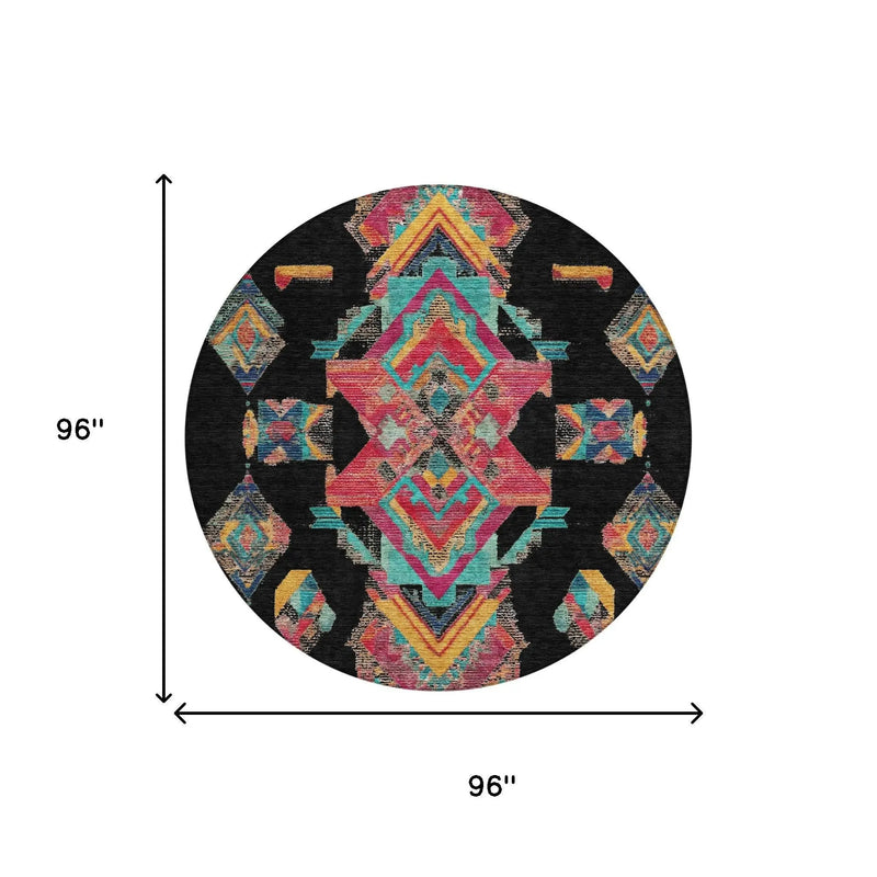 8' Black And Beige Round Tribal Washable Indoor Outdoor Area Rug Homeroots Outdoor