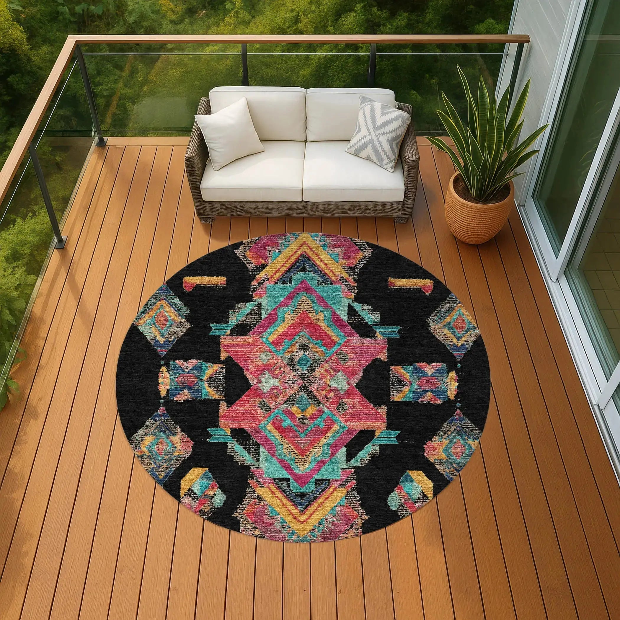 8' Black And Beige Round Tribal Washable Indoor Outdoor Area Rug Homeroots Outdoor