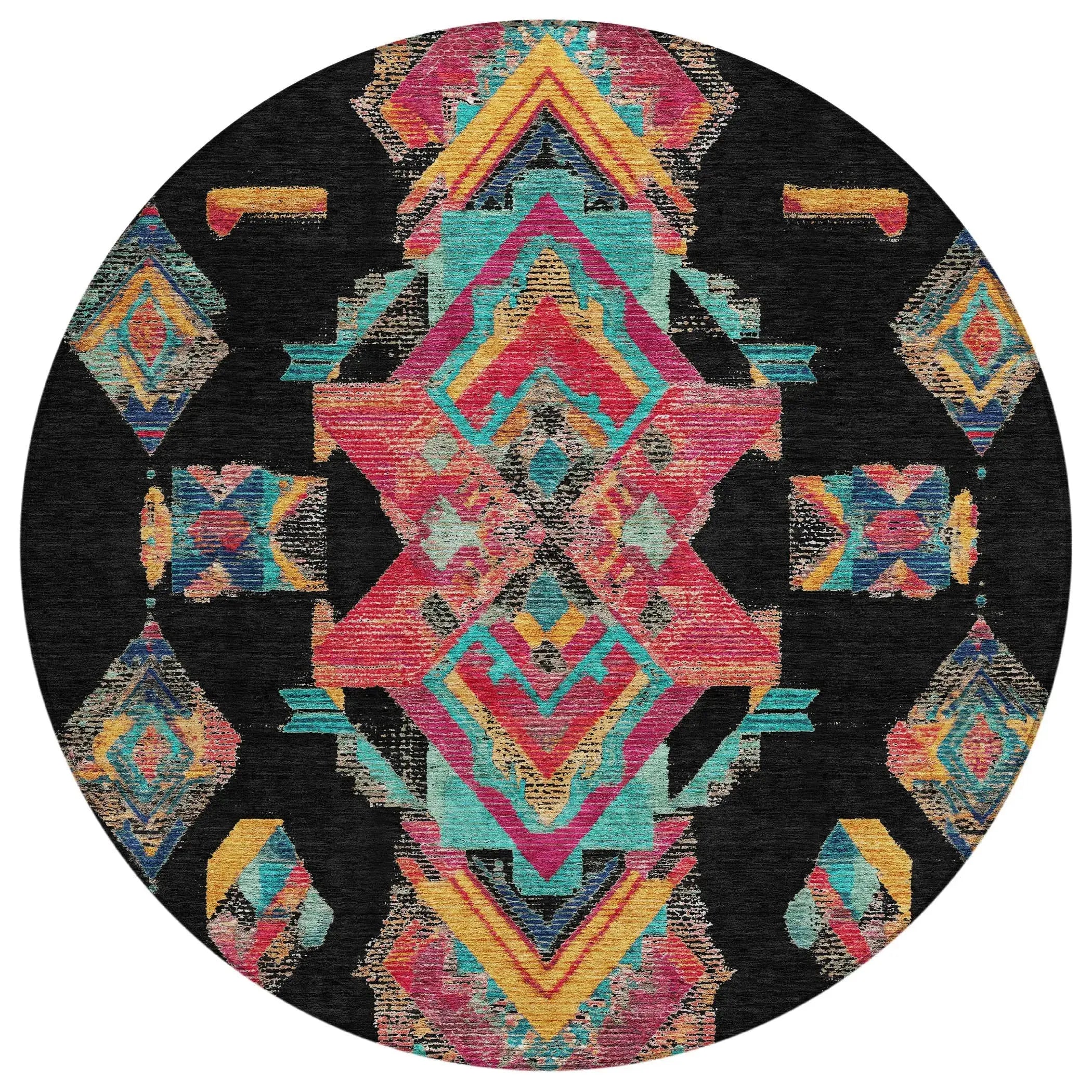 8' Black And Beige Round Tribal Washable Indoor Outdoor Area Rug Homeroots Outdoor