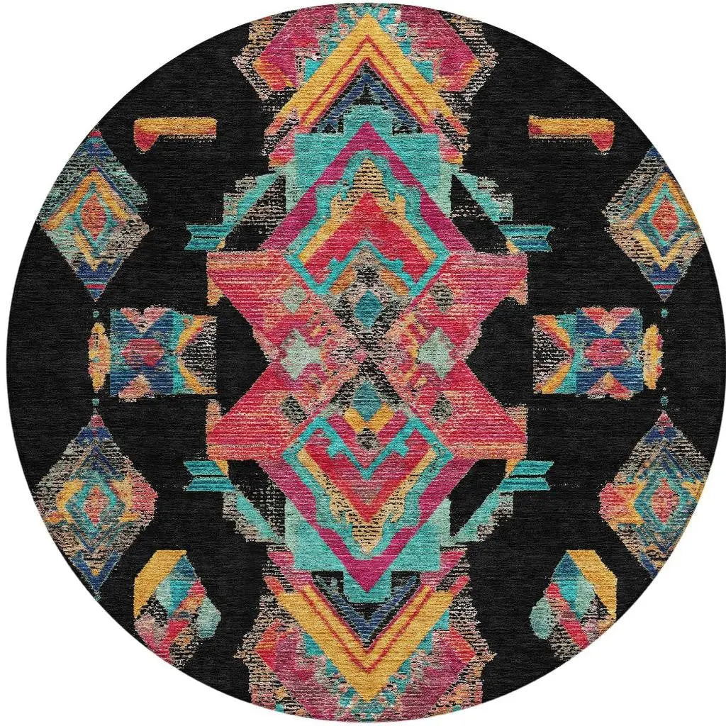8' Black And Beige Round Tribal Washable Indoor Outdoor Area Rug Homeroots Outdoor