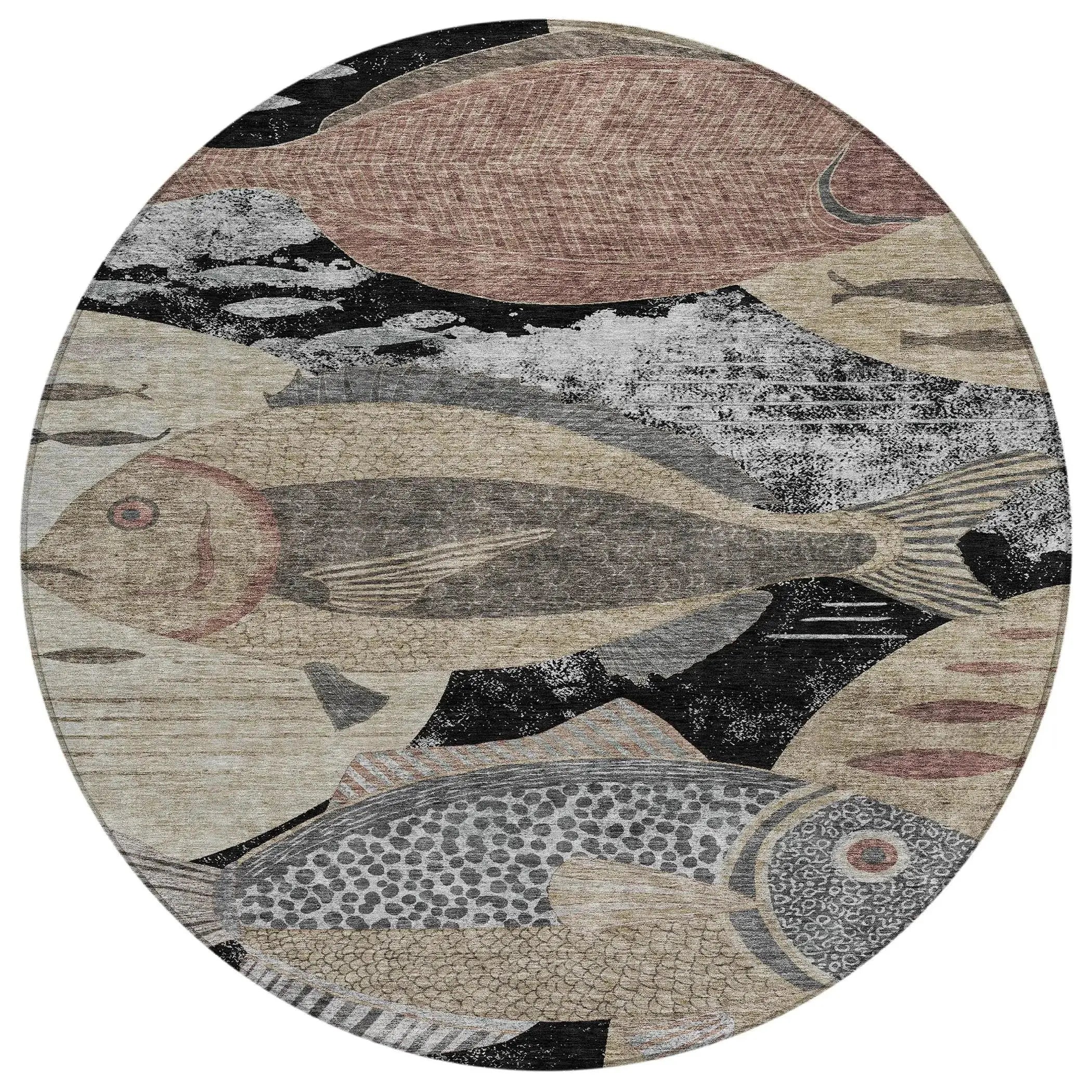 8' Black And Beige Round Tropical Fish Washable Indoor Outdoor Area Rug Homeroots Outdoor