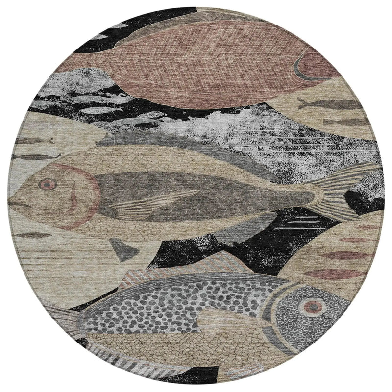 8' Black And Beige Round Tropical Fish Washable Indoor Outdoor Area Rug Homeroots Outdoor