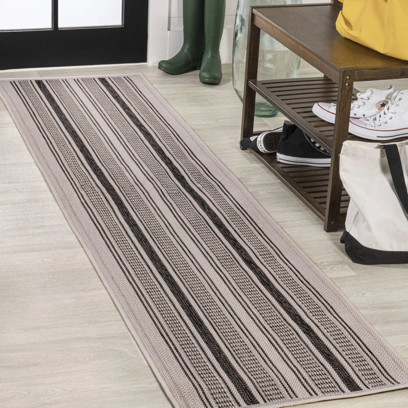 8' Black And Beige Striped Indoor Outdoor Runner Rug - GreatEagleInc