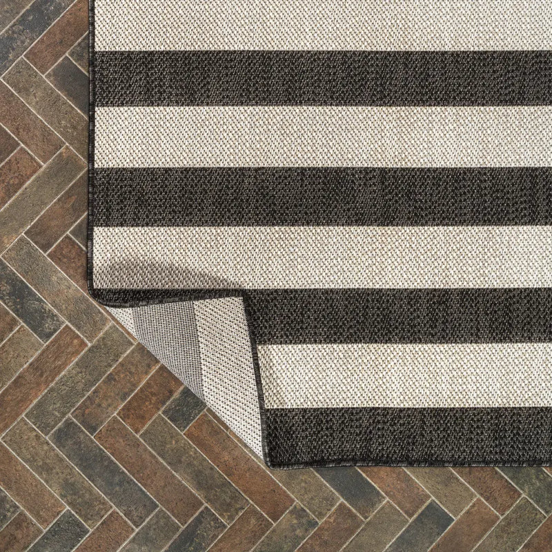 8' Black And Beige Striped Indoor Outdoor Runner Rug Homeroots Outdoor