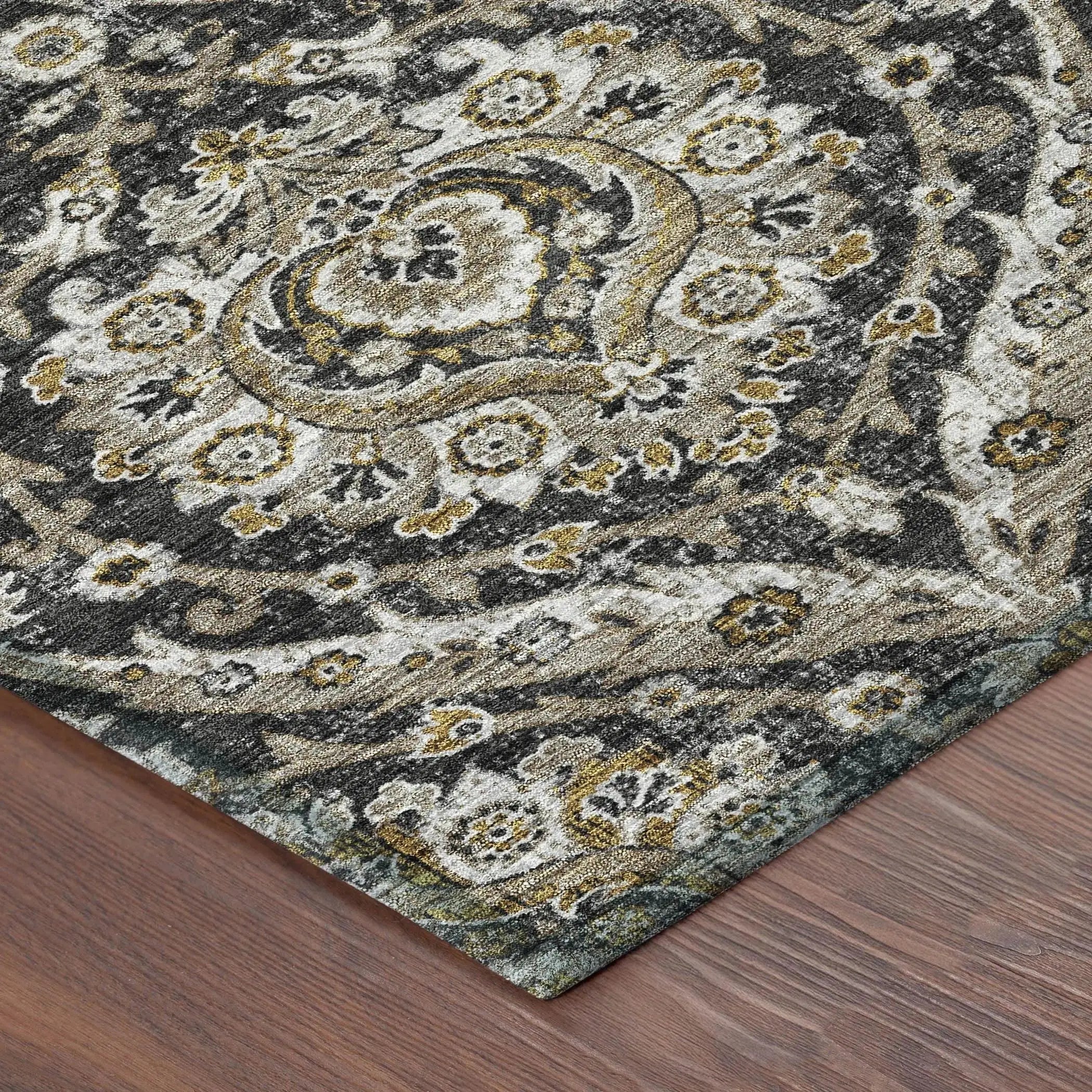 8' Black And Blue Round Floral Washable Indoor Outdoor Area Rug Homeroots Outdoor