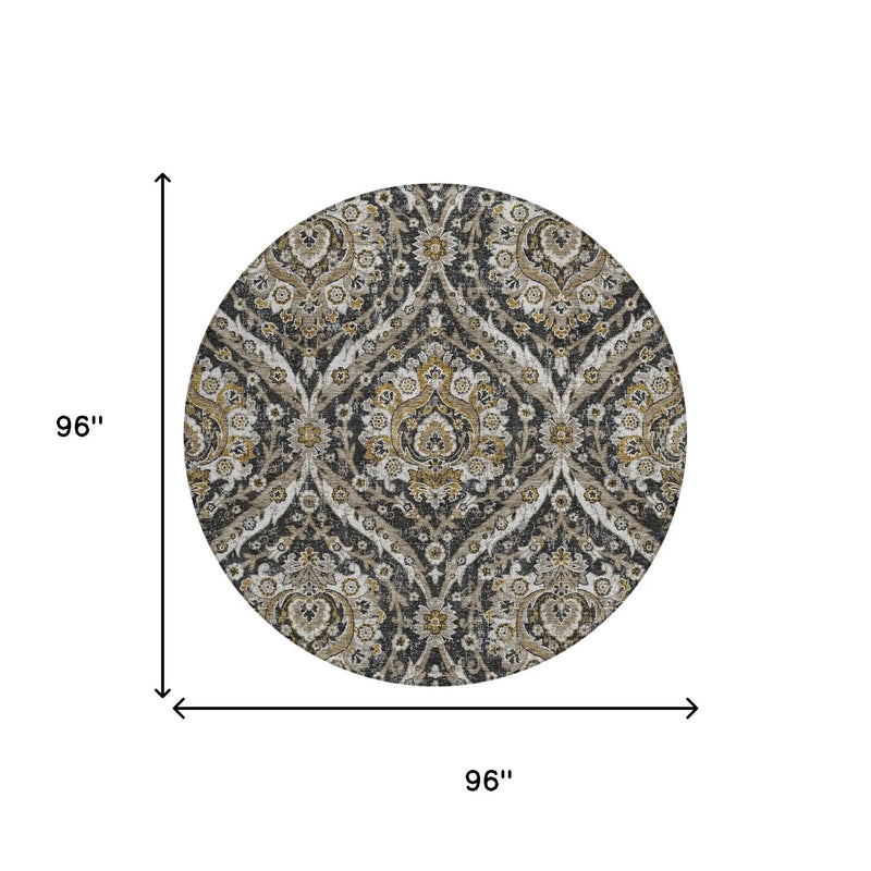 8' Black And Blue Round Floral Washable Indoor Outdoor Area Rug Homeroots Outdoor