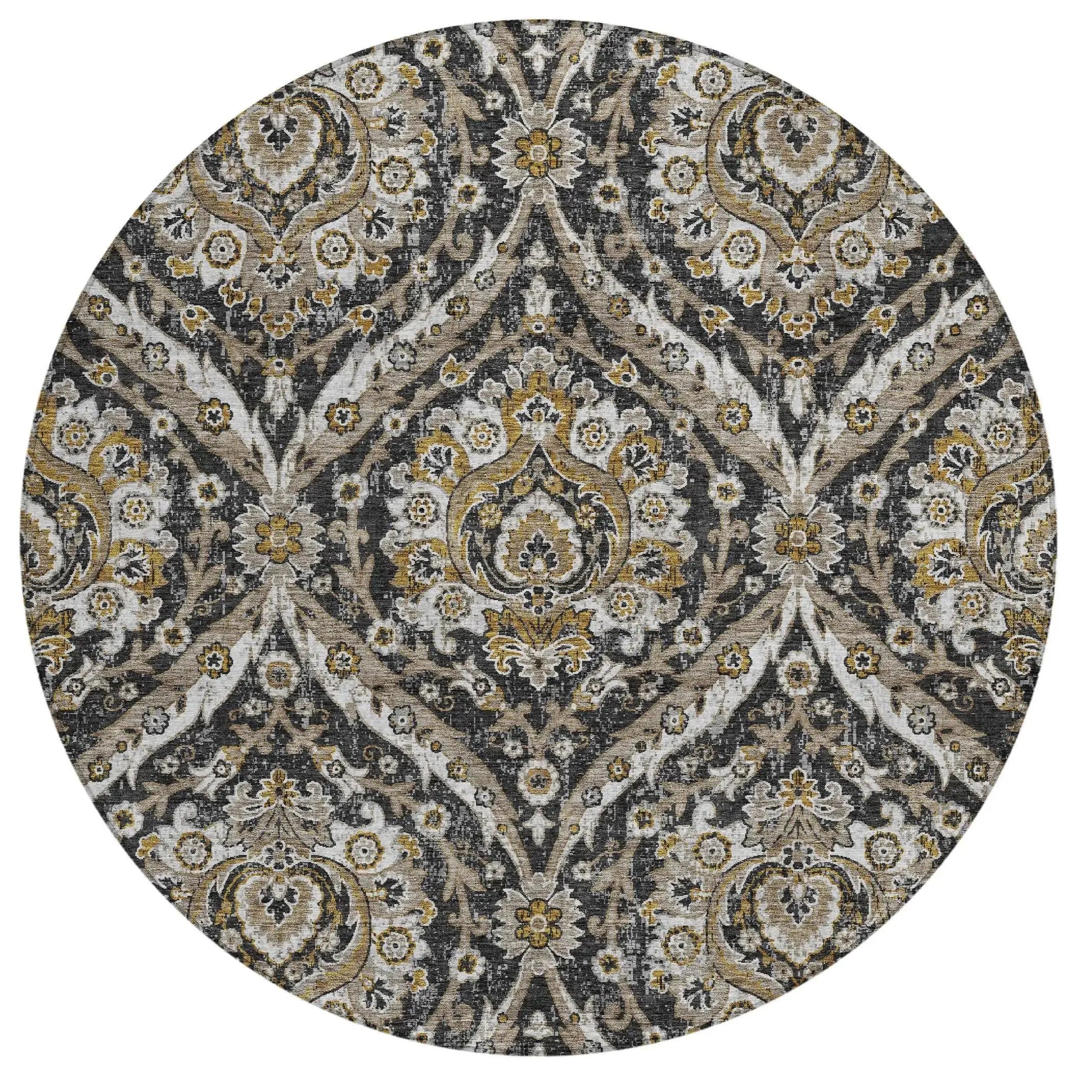 8' Black And Blue Round Floral Washable Indoor Outdoor Area Rug Homeroots Outdoor