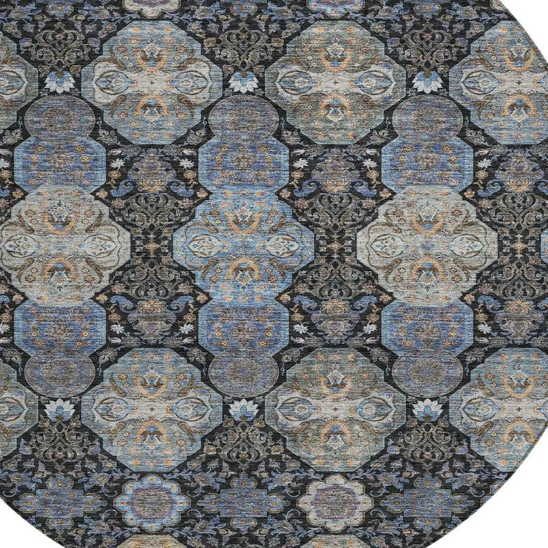 8' Black And Blue Round Floral Washable Indoor Outdoor Area Rug Homeroots Outdoor