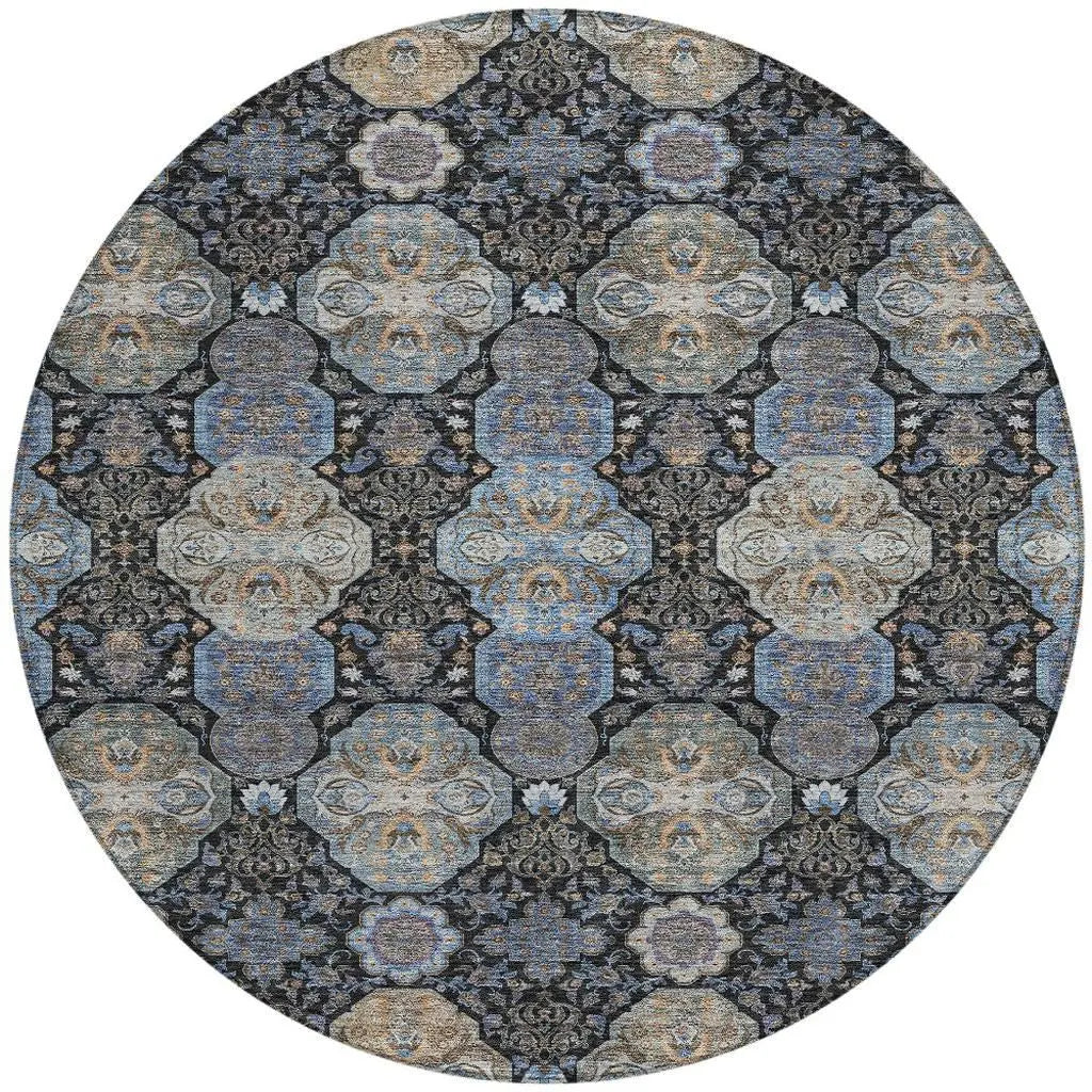 8' Black And Blue Round Floral Washable Indoor Outdoor Area Rug Homeroots Outdoor