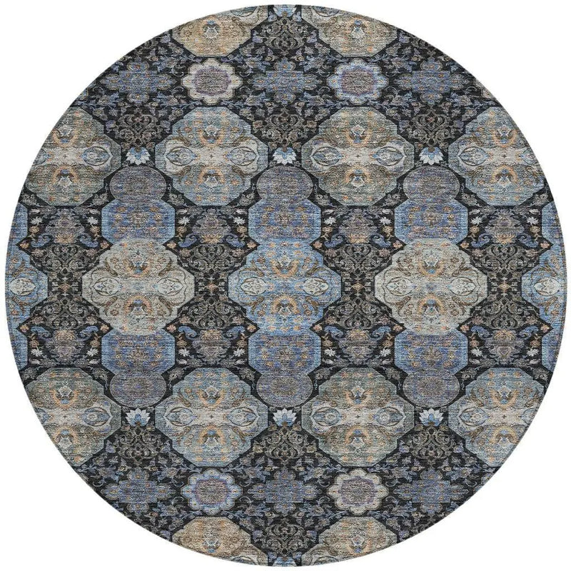 8' Black And Blue Round Floral Washable Indoor Outdoor Area Rug Homeroots Outdoor