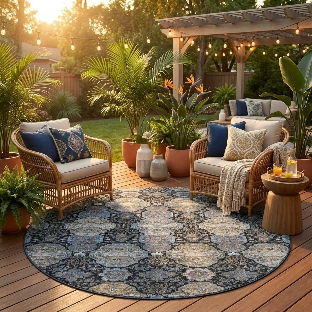 8' Black And Blue Round Floral Washable Indoor Outdoor Area Rug Homeroots Outdoor