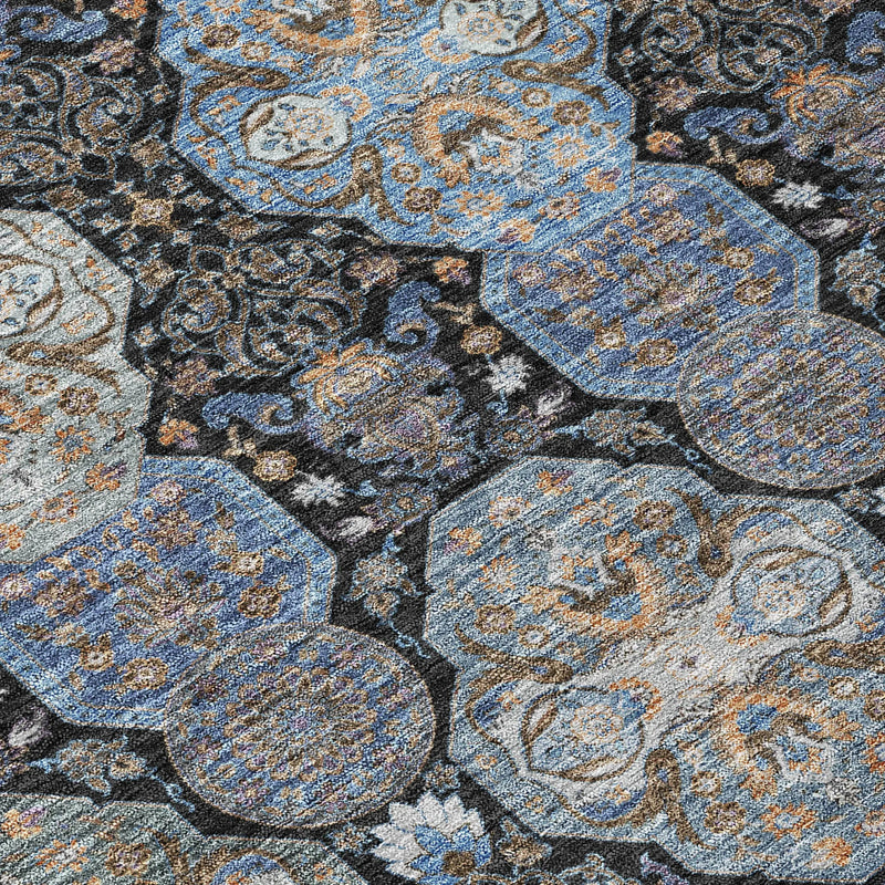 8' Black And Blue Round Floral Washable Indoor Outdoor Area Rug Homeroots Outdoor