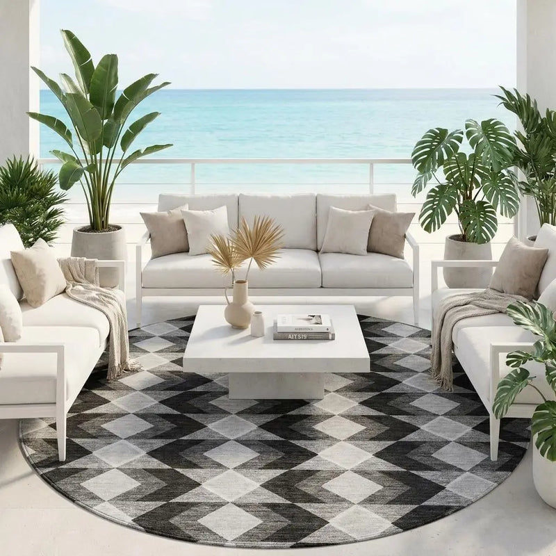 8' Black And Brown Round Geometric Washable Indoor Outdoor Area Rug Homeroots Outdoor