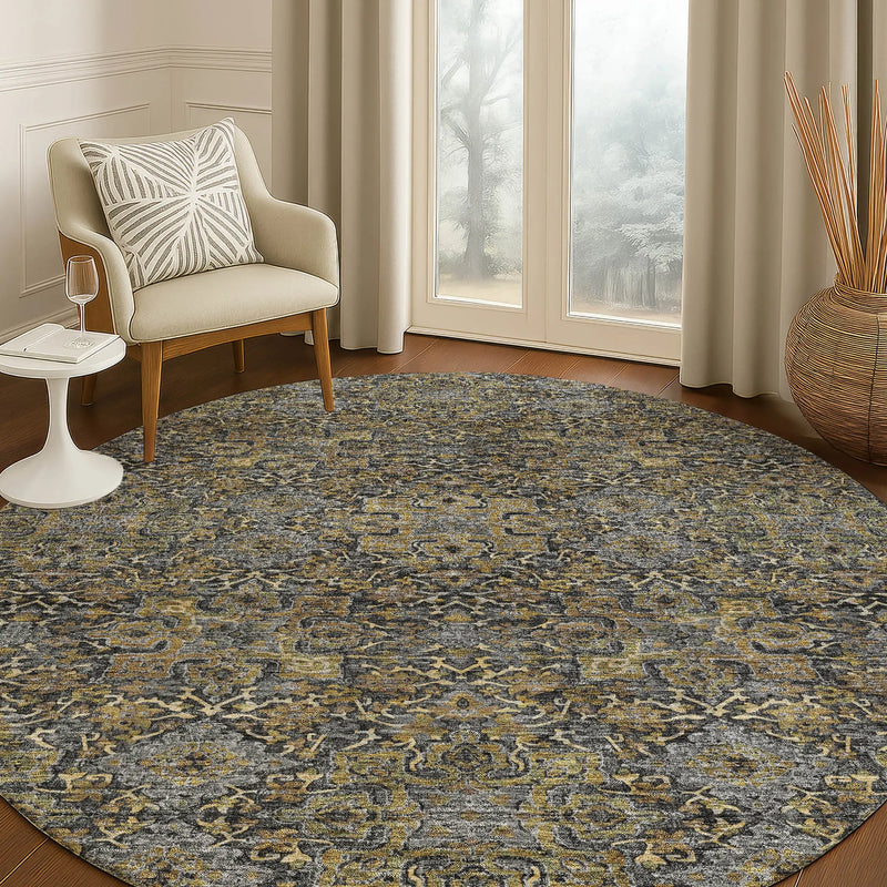 8' Black And Brown Round Oriental Washable Indoor Outdoor Area Rug Homeroots Outdoor
