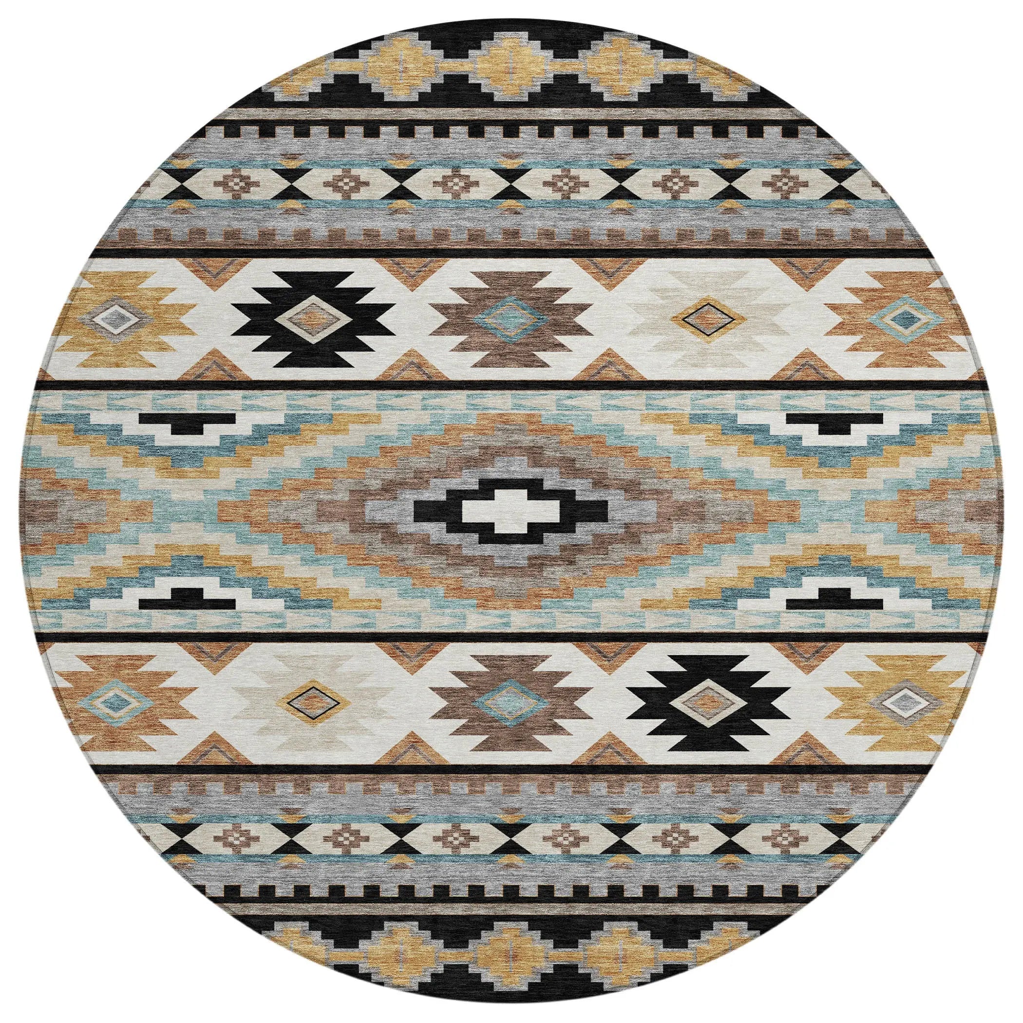 8' Black And Brown Round Southwestern Washable Indoor Outdoor Area Rug Homeroots Outdoor