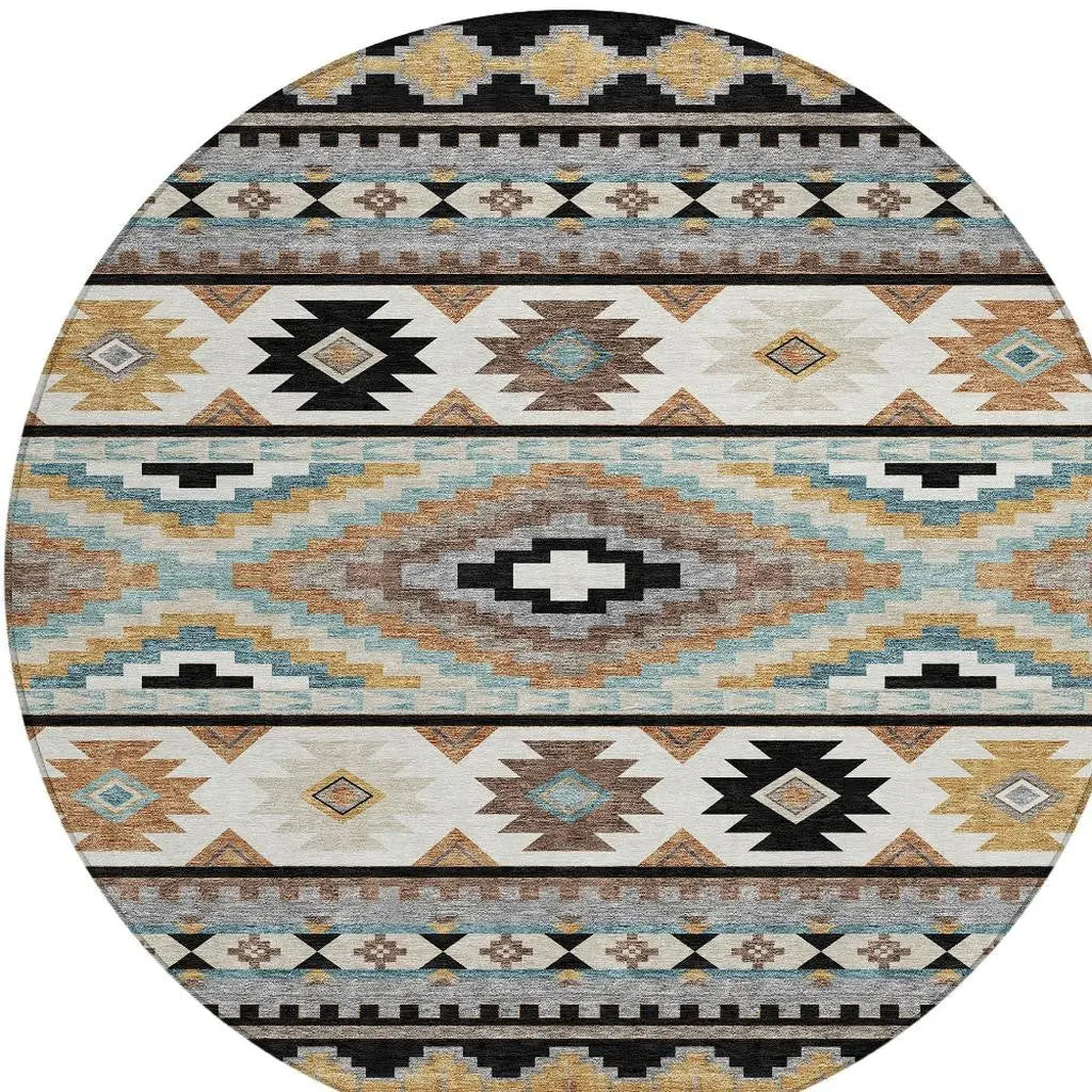 8' Black And Brown Round Southwestern Washable Indoor Outdoor Area Rug Homeroots Outdoor