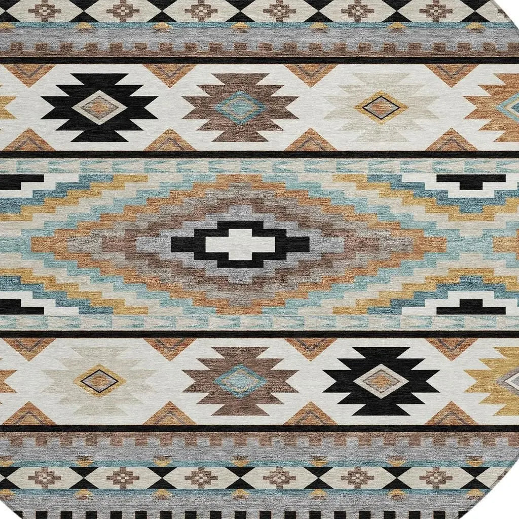 8' Black And Brown Round Southwestern Washable Indoor Outdoor Area Rug Homeroots Outdoor