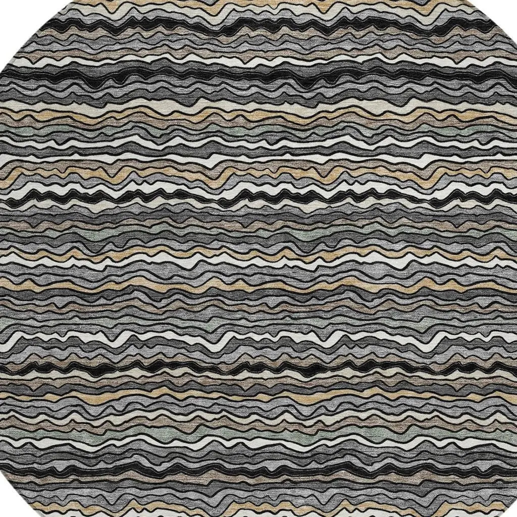 8' Black And Brown Round Striped Washable Indoor Outdoor Area Rug Homeroots Outdoor