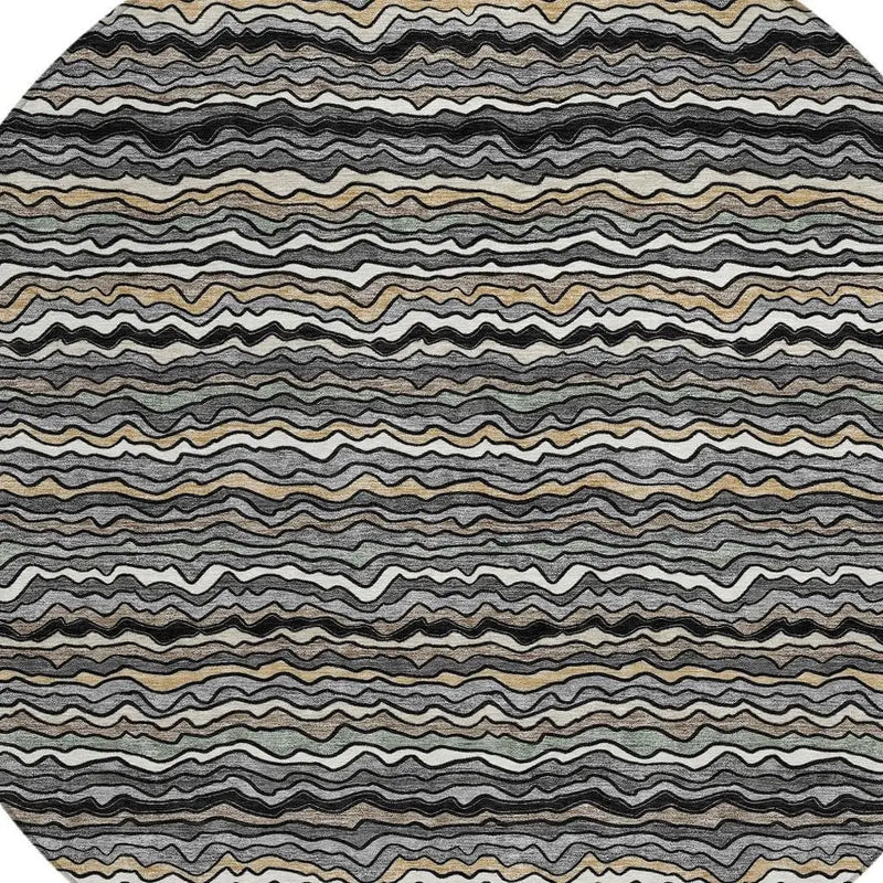 8' Black And Brown Round Striped Washable Indoor Outdoor Area Rug Homeroots Outdoor